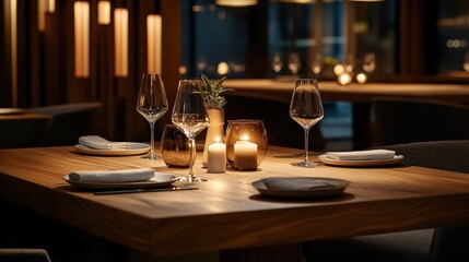 Elegant dining setup in a modern restaurant with warm lighting and cozy ambiance