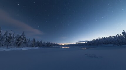 Starlit night over snowy mountains with glowing valley and a sky full of stars in the late evening near a tranquil village