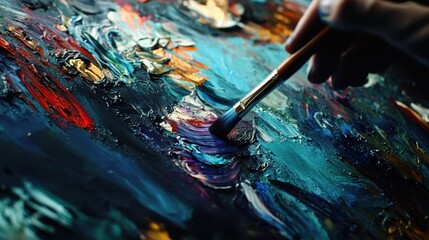 Creative artist applying vibrant colors with brush on canvas in a colorful workspace filled with artistic expression