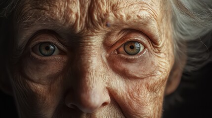 Elderly woman with striking blue eyes gazes thoughtfully while showcasing deep lines of experience and wisdom