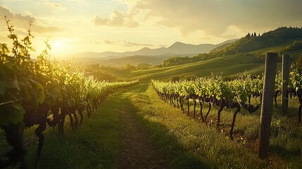 Golden sunset over vineyard landscape with rolling hills and autumn foliage