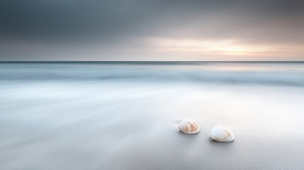 Serene beach view at sunset featuring seashells on the soft sand and calm ocean waves in the background