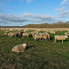 Herd of sheep at the heather fields around the town of Ede on the Veluwe in the Netherlands on the Edese Heide and Ginkelse Heide