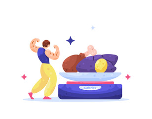 concept of managing protein intake. controlling daily calorie intake for bodybuilding purposes. nutrition. illustration of a man weighing the calorie value of chicken and purple sweet potato. flat