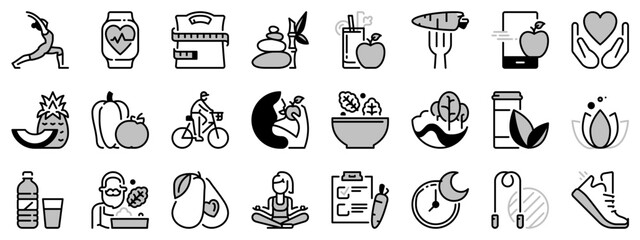 Icons in two tones about healthy lifestyle