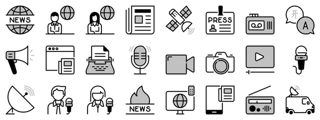 Icons in two tones about journalism and news.