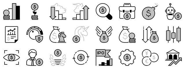 Icons in two tones about investment. Financial concept.