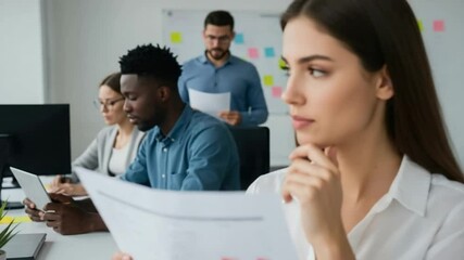 Focused professional analyzes documents with diverse colleagues in modern office space - Powered by Adobe