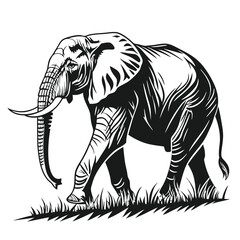 Stylized African Elephant Walking in Grassland Silhouette Style on White Backdrop