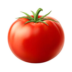 A single ripe red tomato isolated on transparent backgrounds for PNG showing its smooth skin and green stem
