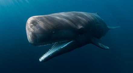 Fototapeta premium Sperm Whale Swimming in Deep Ocean