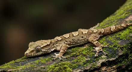 Naklejka premium Camouflaged Gecko on Mossy Branch