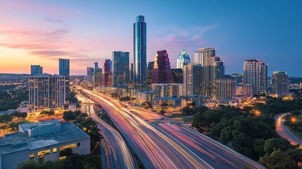 Fototapeta premium Vibrant sunset over a bustling city skyline with glowing lights and dynamic clouds