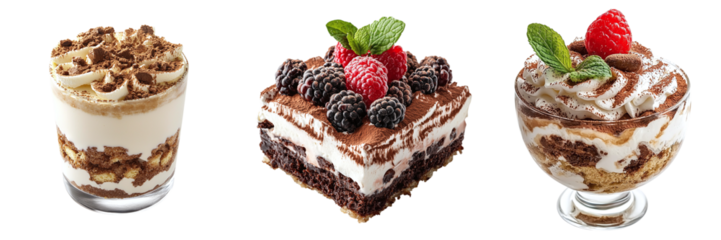 Delicious tiramisu desserts set isolated on transparent background PNG