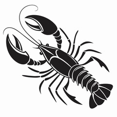 Isolated Black Silhouette of Lobster Posing Upright with Curled Antennae On White