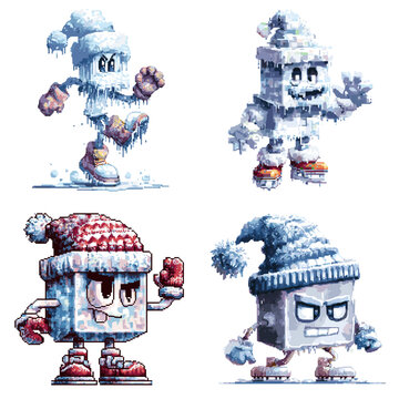 Cool ice cube characters with winter hats and frosty expressions in pixel art style. Ideal for winter, frozen drink, and fun seasonal character sets.

