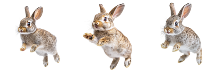 Set of cute jumping rabbits isolated on transparent background PNG