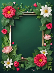 Flowers Art Design Frame made flowers green leaves Valentines background with flowersValentines day card concept