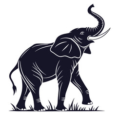 Silhouette of an African Elephant with Trunk Raised, Walking Through Tall Grass, Isolated