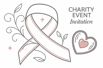 Elegant charity event invitation design featuring a ribbon heart and decorative flourishes with a focus on compassion.