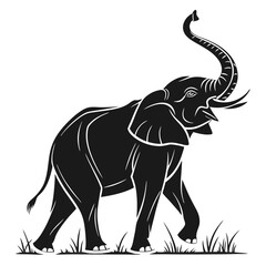 Silhouette Majestic African Elephant Walking in Grassy Habitat, Trunk Up