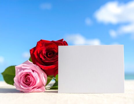 Blank card with roses on a beach