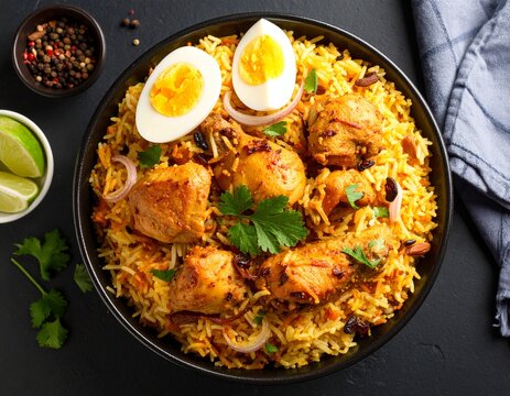 Delicious chicken biryani with hard boiled eggs