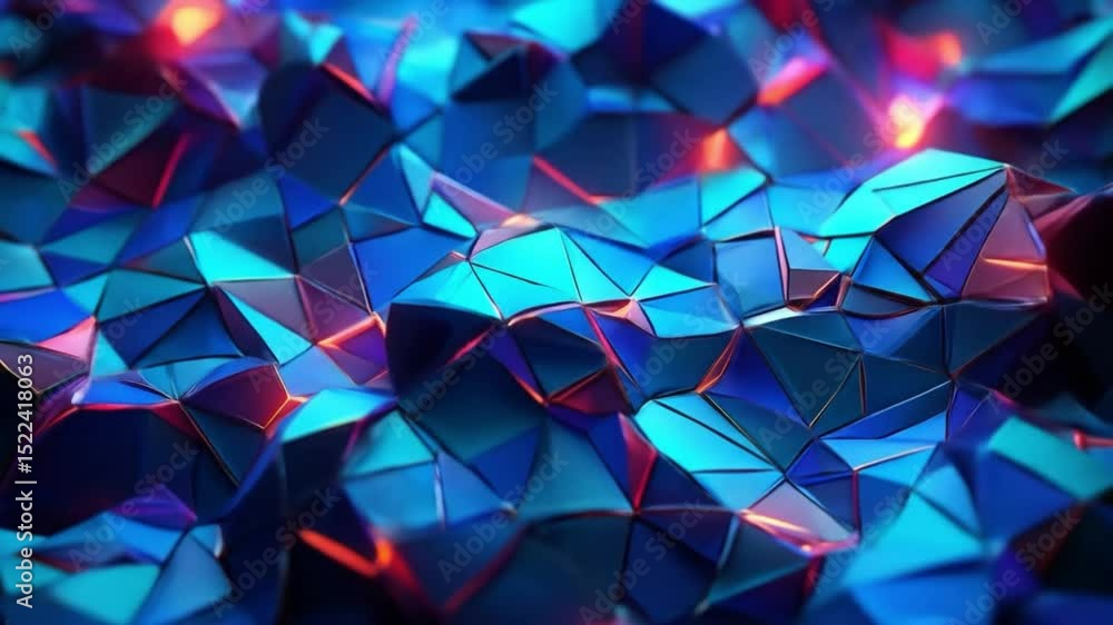 Poster a futuristic abstract background with a dynamic, low-poly surface made of sharp triangles, glowing w