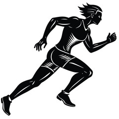 Black Silhouette of a Person Running Fast with Motion Lines on a White Background