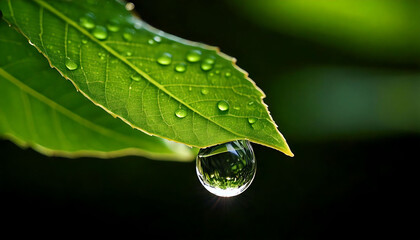 Stunning close-up of a dewdrop clinging to a vibrant green leaf.