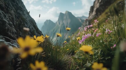Stunning mountain landscape with blooming wildflowers and a winding path in the Dolomites