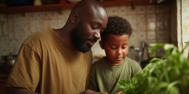 Father teaching son to cut onion in home kitchen for cooking learning experience