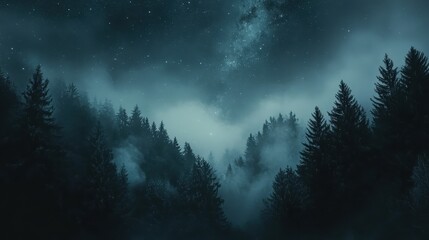 Naklejka premium Starry night sky over a wooded path in a tranquil forest under a clear celestial display
