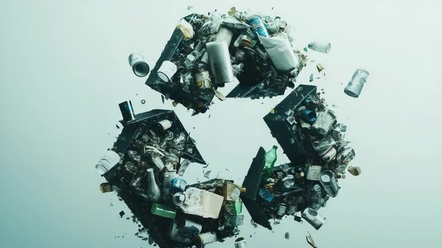 A trash can is shown with a recycling symbol in the middle. The trash can is filled with various items, including plastic bottles, cans, and paper. The image conveys the importance of recycling