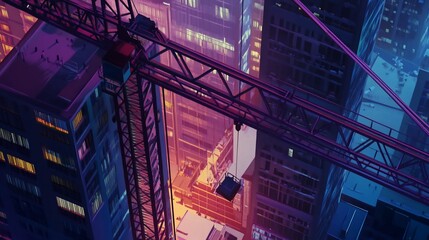 Fototapeta premium Cityscape Construction at Night with Crane and Glowing Windows at Dusk in Urban Setting