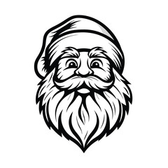Santa Claus Face Icon, Mascot, Black and White Outline, Bearded, Smiling, Festive Look