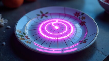 Plate with a pink circle on it. The plate is on a table. The plate is lit up