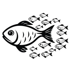 School of Fish Silhouette Isolated On White, Grouping, Fish, Ocean, Minimalist