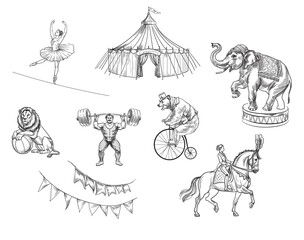 vector set of illustrations on the theme of circus