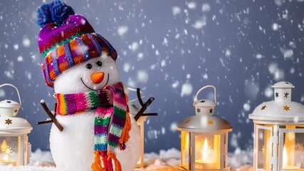 cheerful snowman in snowy scene with knitted hat, scarf, and glowing lanterns - Powered by Adobe
