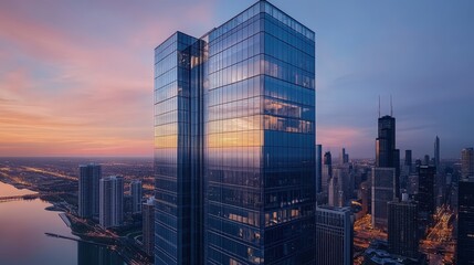 Contemporary urban architecture reflecting in water at dusk in a city with illuminated office buildings