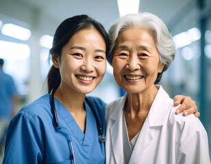 AI generated happy Asian senior woman in wheelchair being cared for by nurse in clean white hospital setting with medical equipment. Represents elderly care, health services and compassionate nursing.