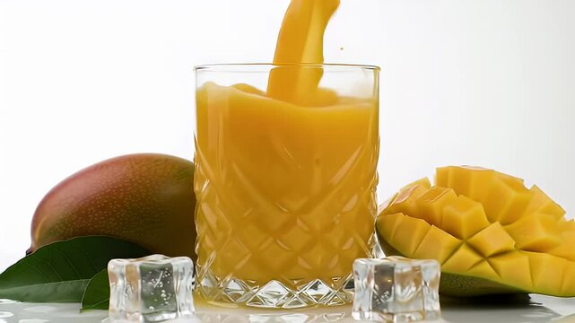 Bright Mango Juice Poured into a Glass with Ice Cubes and Whole and Sliced Mangoes on a White Background