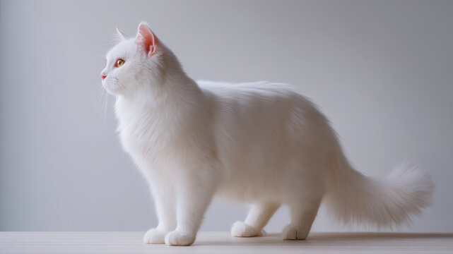 Cute white cat standing in profile on a light background - Powered by Adobe