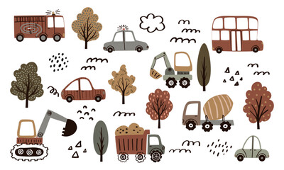 Set of cute vehicle illustrations including excavator, car, fire truck, cement mixer, dump truck, and trees in whimsical children’s style. Vector art isolated on white. Perfect for kids’ design 