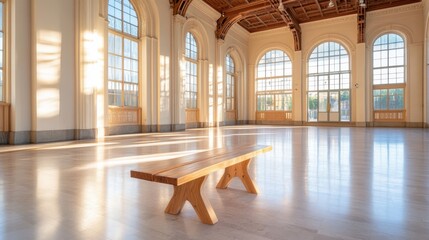 A spacious, sunlit hall with large arched windows and a wooden bench in the center, featuring elegant architectural details.