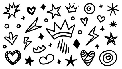 A collection of hand drawn doodle illustrations showcasing stars hearts crowns lightning bolts and other cute elements in a monochrome style.