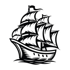 Silhouette Sailing Ship Old Style Vessel with White Sails on Water in Black Design