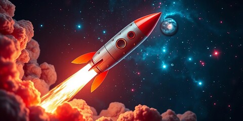 Futuristic rocket launch merging with circuit board & galaxy, AI data streams,  circuit,  cyber