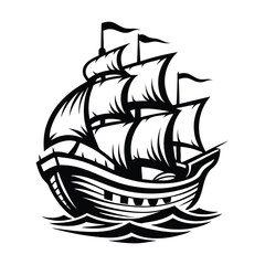 Monochrome Sailing Ship, Full Sails, Ocean Waves, Black and White Nautical